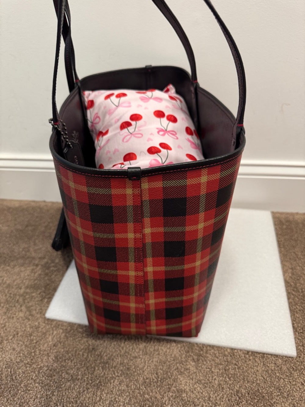 Coach Red and Black Plaid reversible city tote bag storybook pouch wristlet - Picture 2 of 15